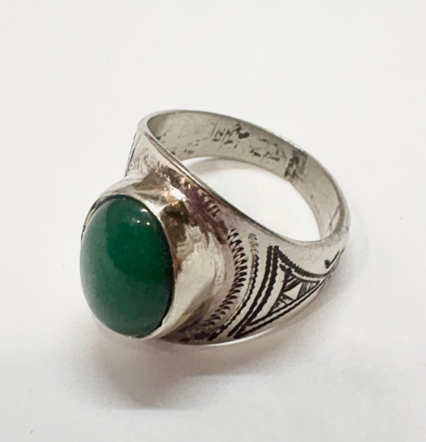 Hand-Engraved Touareg Silver Ring with Oval Polished Green Agate