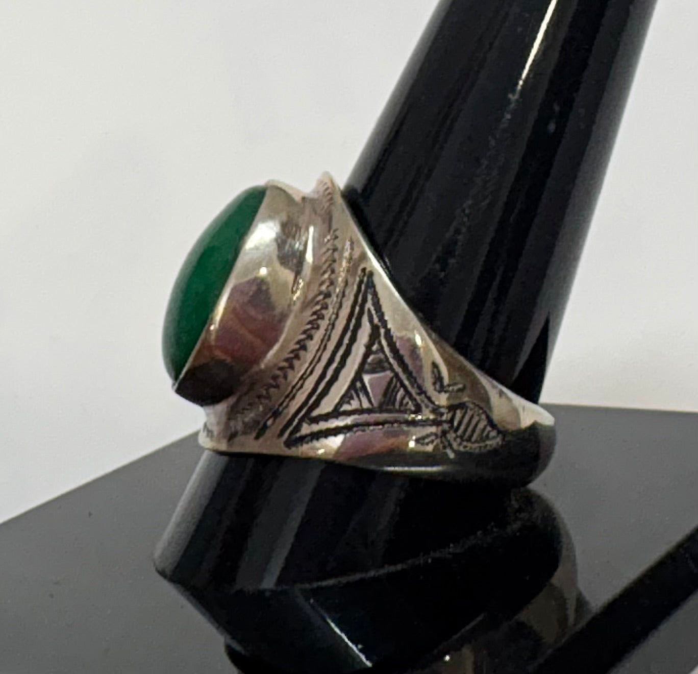 Hand-Engraved Touareg Silver Ring with Oval Polished Green Agate