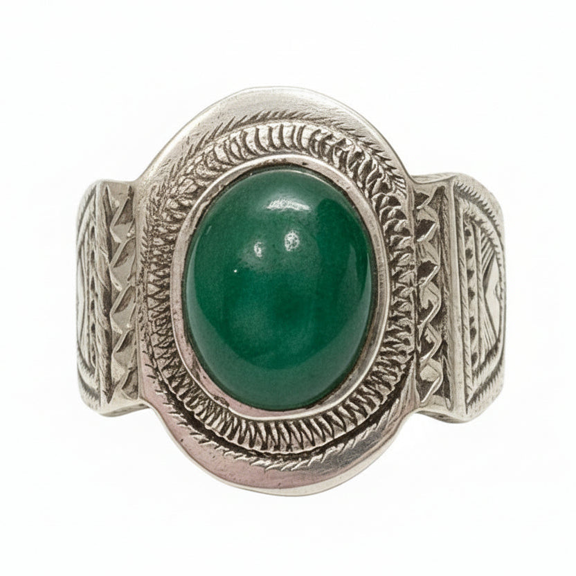 Hand-Engraved Touareg Silver Ring with Oval Polished Green Agate
