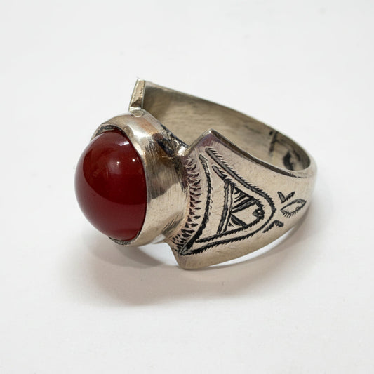 Hand-Engraved Touareg Silver Ring with Round Red Carnelian