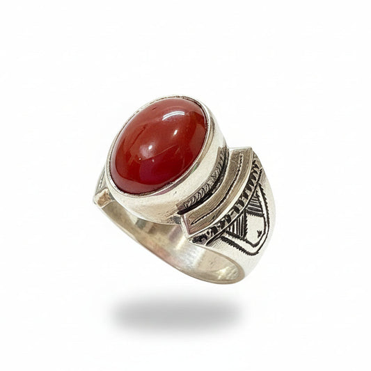 Hand-Engraved Touareg Silver Ring with Oval Red Carnelian