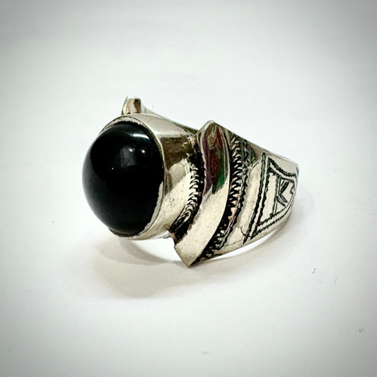 Hand-Engraved Touareg Silver Ring with Round Black Onyx