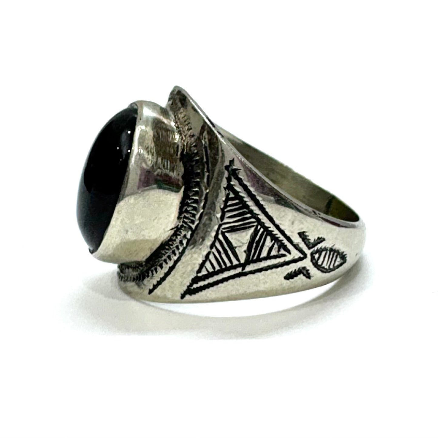 Hand-Engraved Touareg Silver Ring with Oval Black Onyx