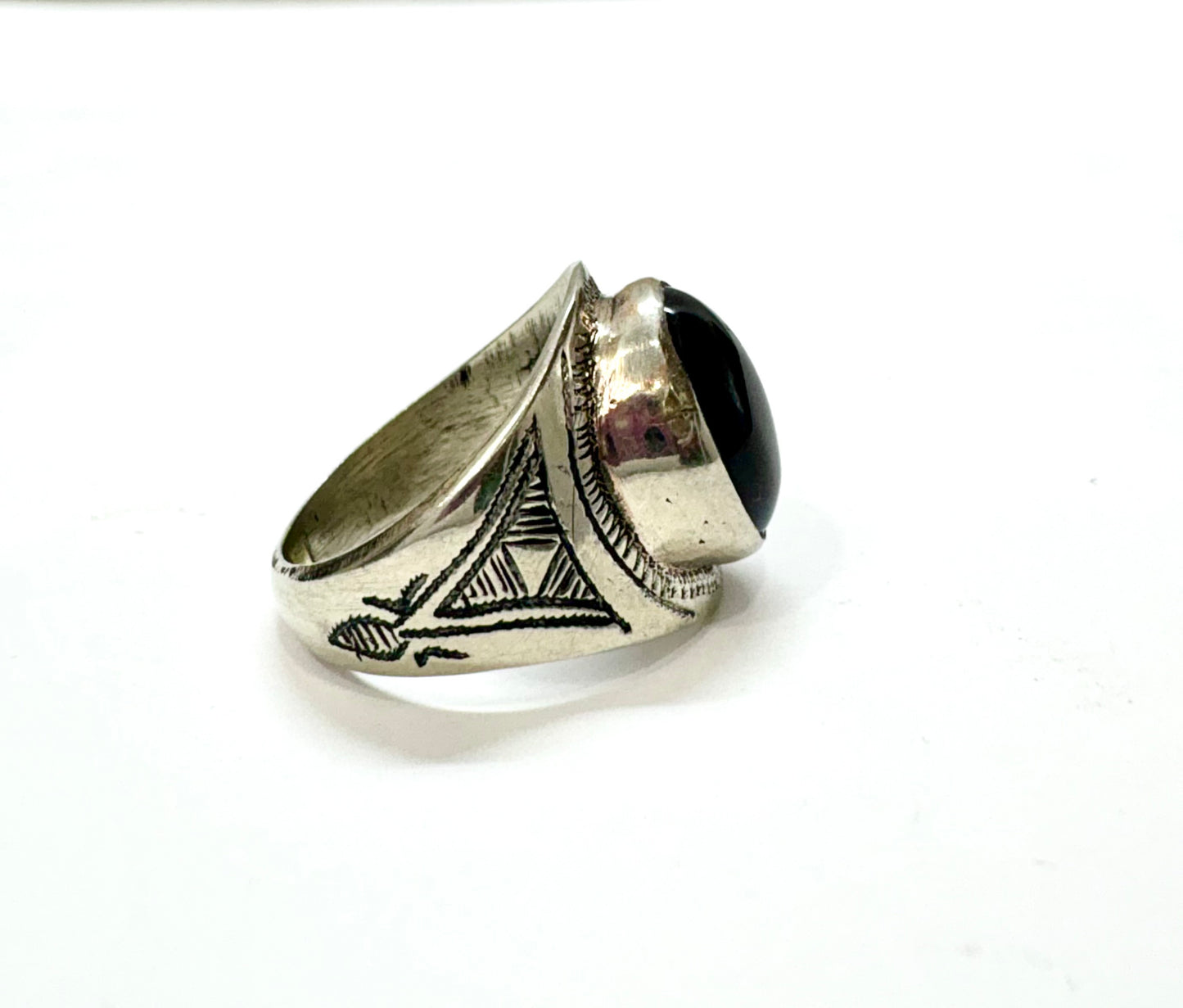 Hand-Engraved Touareg Silver Ring with Oval Black Onyx