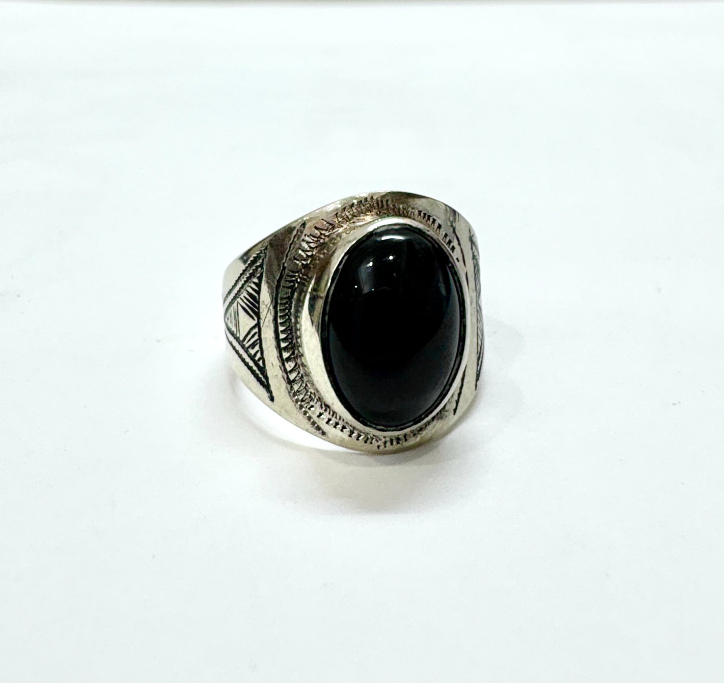 Hand-Engraved Touareg Silver Ring with Oval Black Onyx