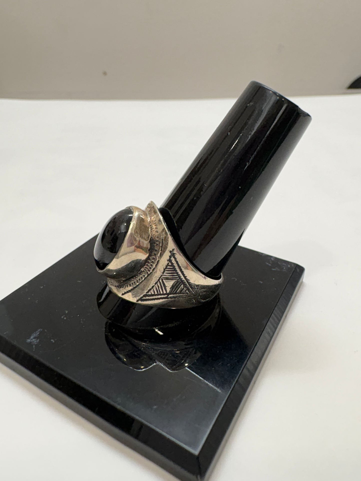 Hand-Engraved Touareg Silver Ring with Oval Black Onyx