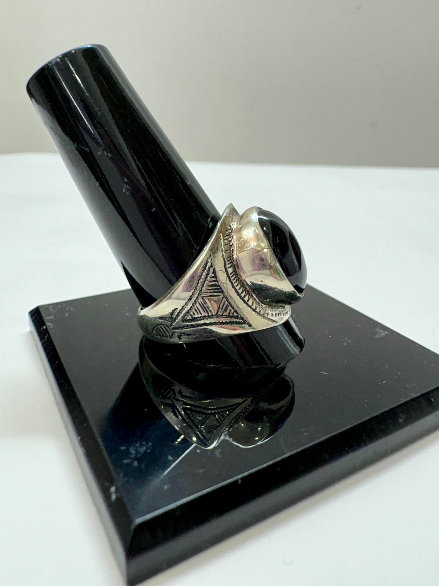 Hand-Engraved Touareg Silver Ring with Oval Black Onyx